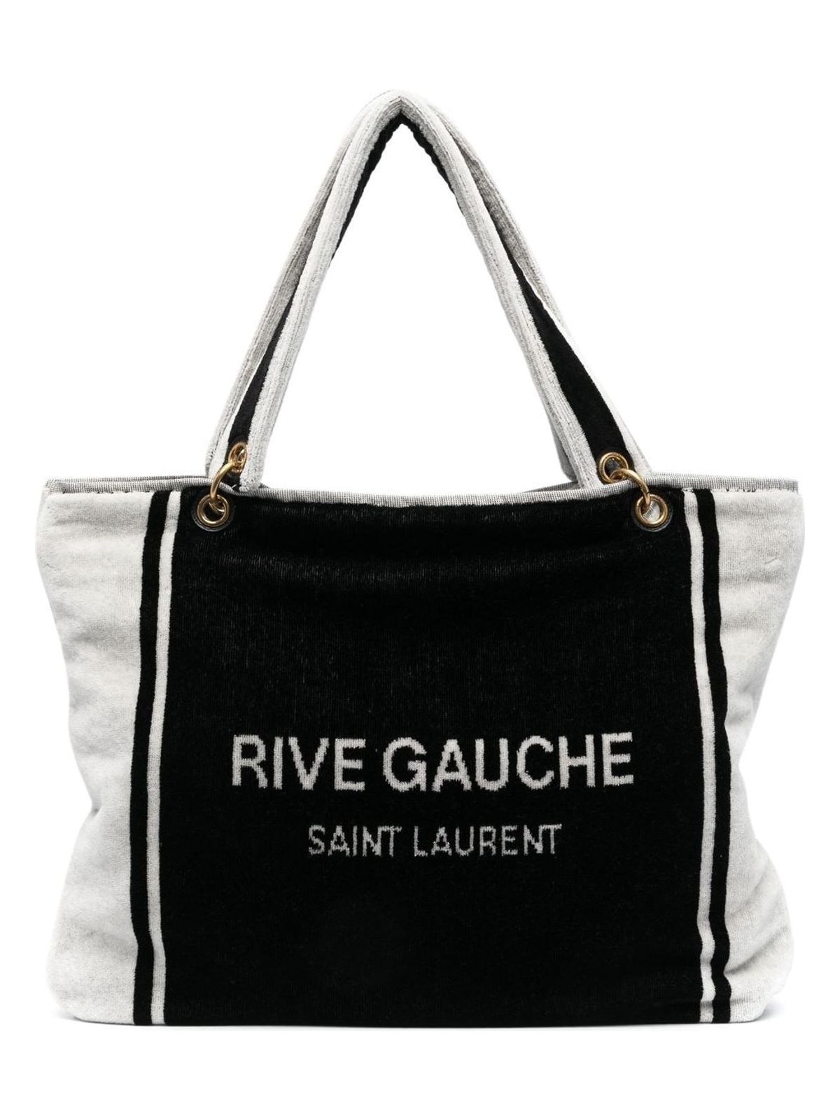 Luxury Saint Laurent Trending 2025 Women's Rive Gauche Tote In And White Terry Cloth in Black |