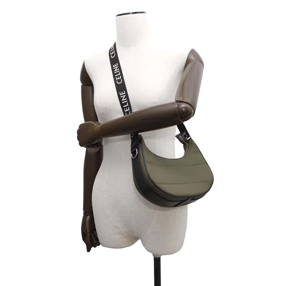 CELINE AVA Quilted Shoulder Khaki196972 Nylon Leather Size Medium
