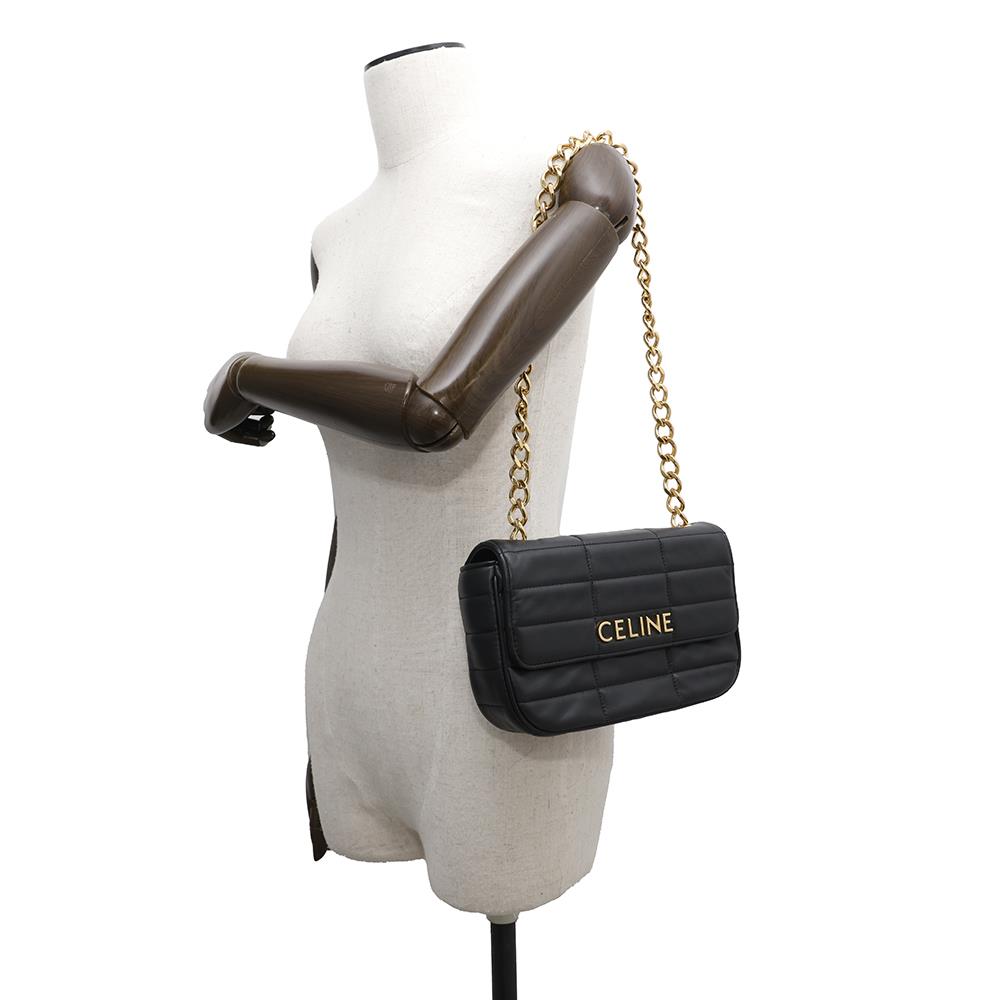 CELINE Mono Chrome Chain Shoulder Bag Black Leather