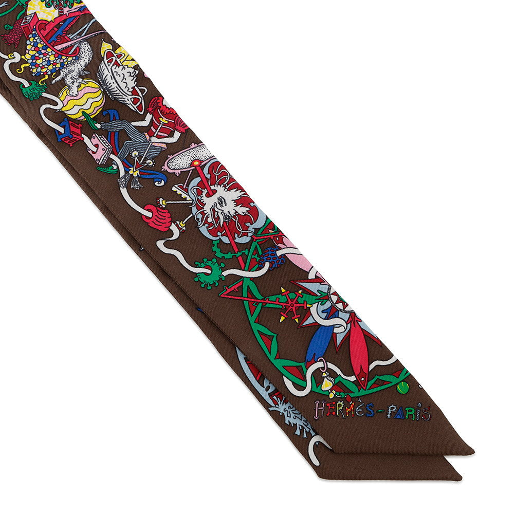 HERMES Twilly La For Parade Marron/Menthe/Jaune Vif Silk100%