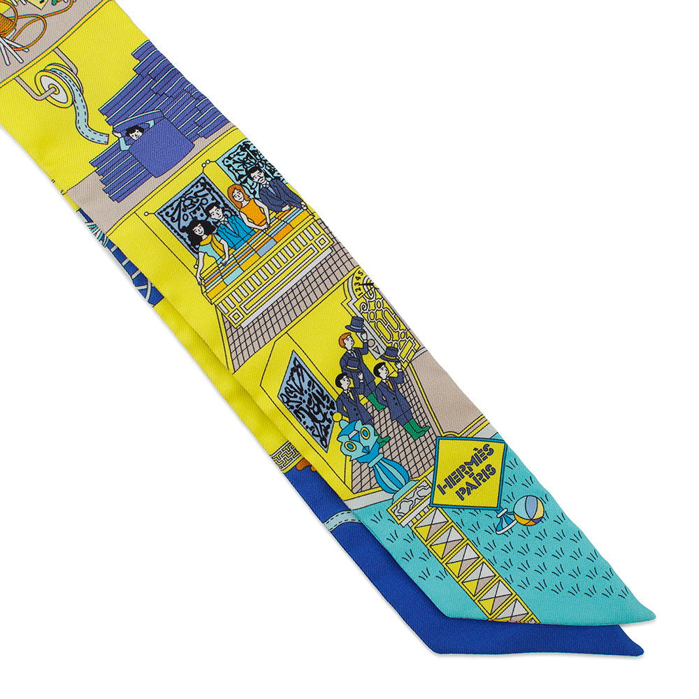 HERMES Twilly Maison des Carrés Jaune Vif/Blue Roy/Turquoise Silk100%