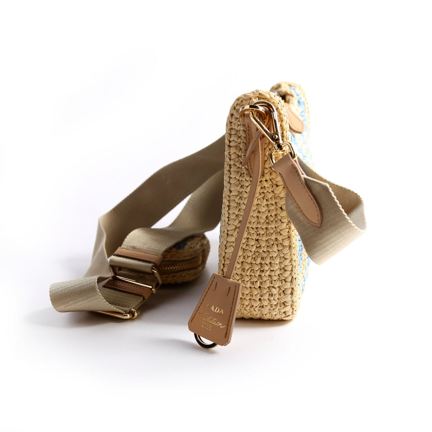 Prada Raffia Re-Edition 2005 Shoulder Beige/Blue Bag