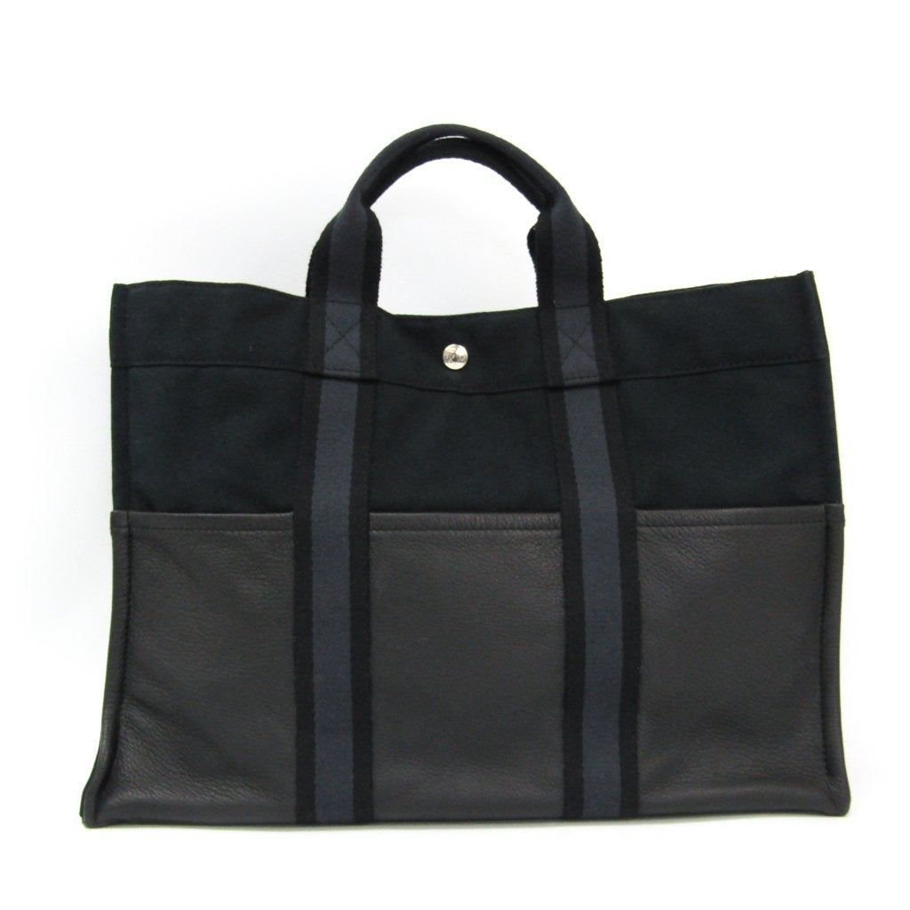 Luxury Hermes Black Canvas Gray Leather Fourre Tout MM Tote ( )