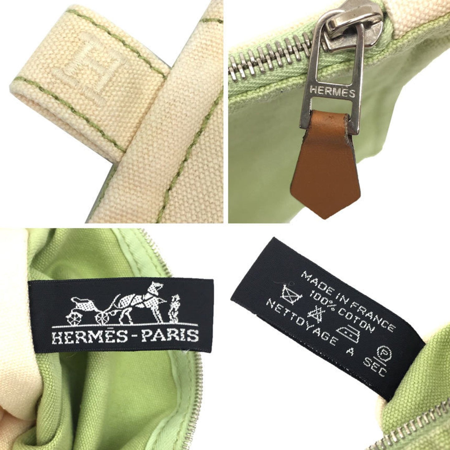 Hermes Cream Lime Green Cotton Canvas Clutch Bag Pouch ( )