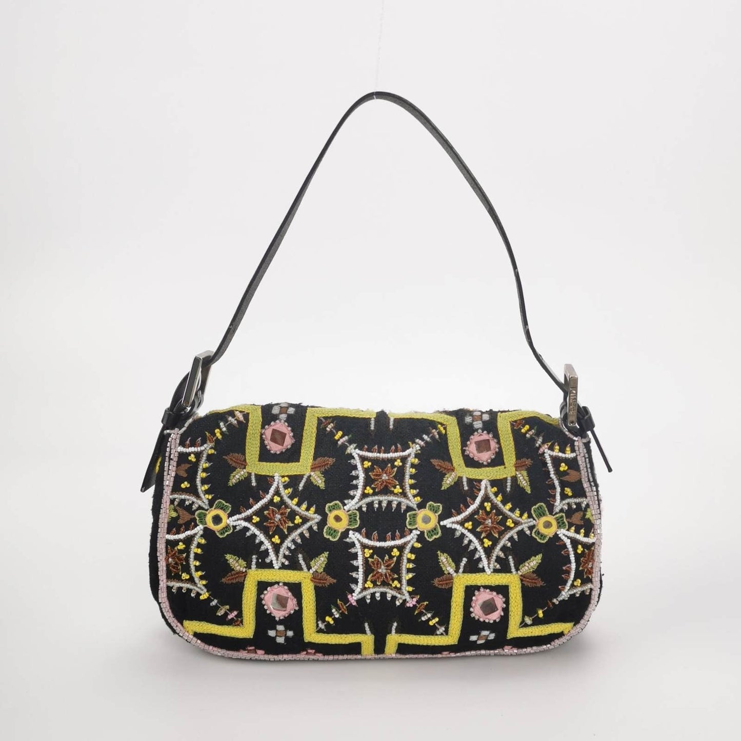 Fendi Baguette Vintage Brown Canvas with embroidery sequins mirrors and tassels