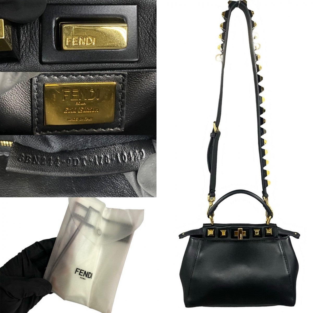 FENDI Shoulder Bag 8BN244�E9DT Calf leather black Gold Edition Studs Mini Peacock Women
