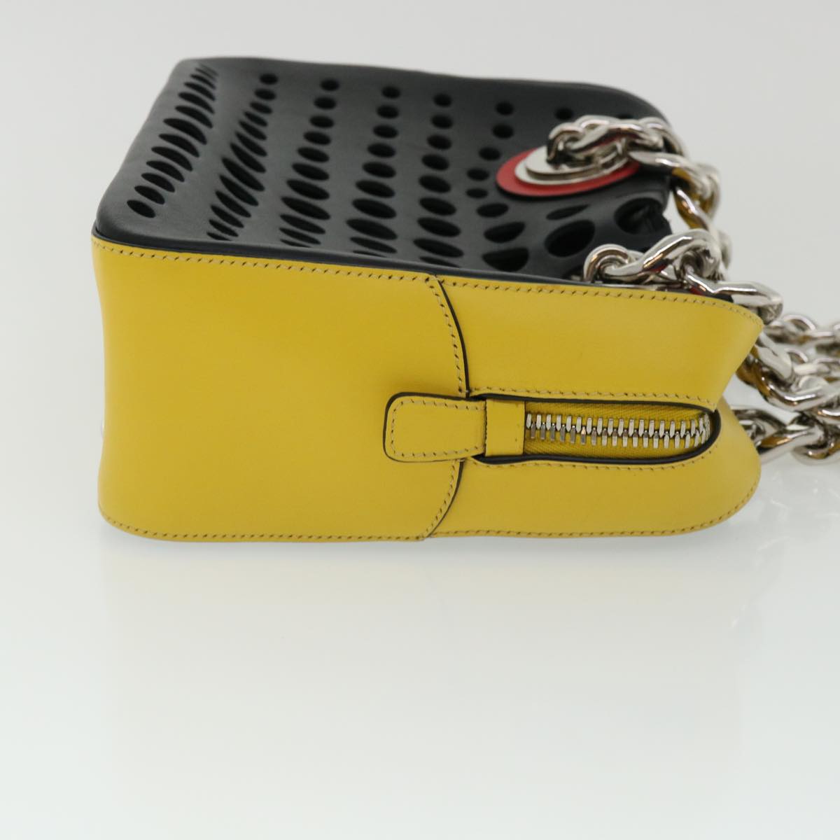 Prada Chain Shoulder Bag Punching Leather Tricolor Black