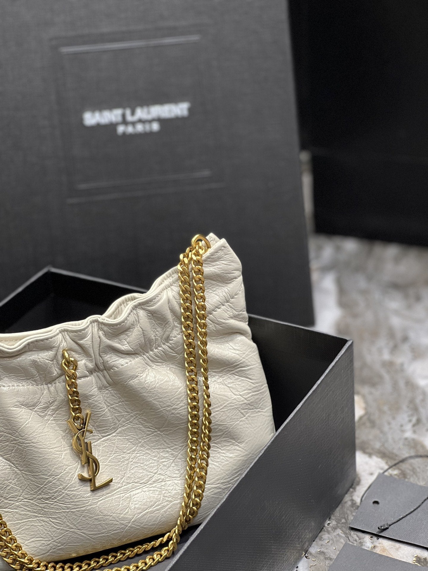 Yves Saint Laurent Hobo Mini Bag White With Bronze Toned Hardware