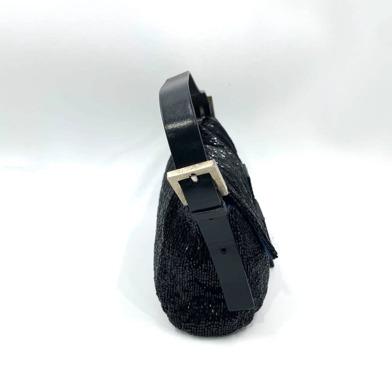 Fendi Baguette Black Glitter Beads Shoulder Bag Blue Satin Interior