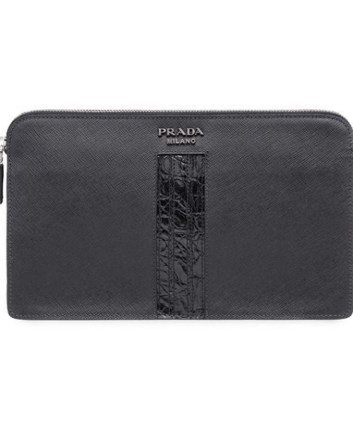 Prada Saffiano And Crocodile Leather Pouch Black Luxury Handbag