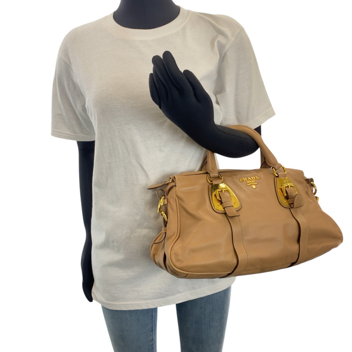 PRADA Handbag leather Beige Gold Metal