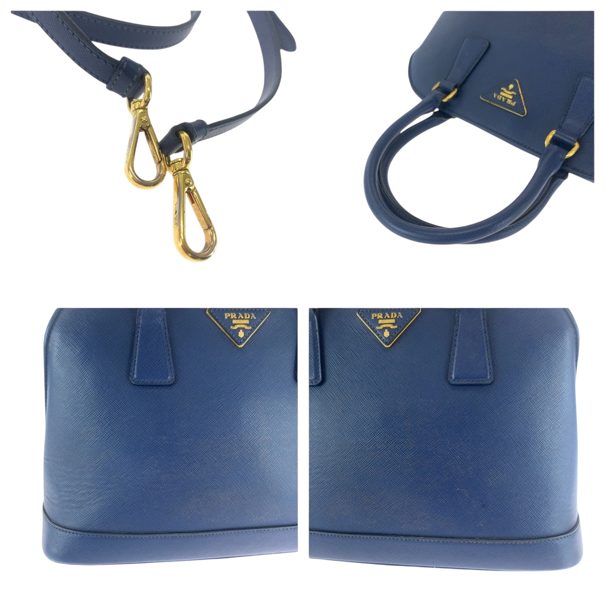 PRADA Shoulder Bag leather Blue GoldMetal Shoulder Bag Handbag 2way Safiano Triangle With logo Women