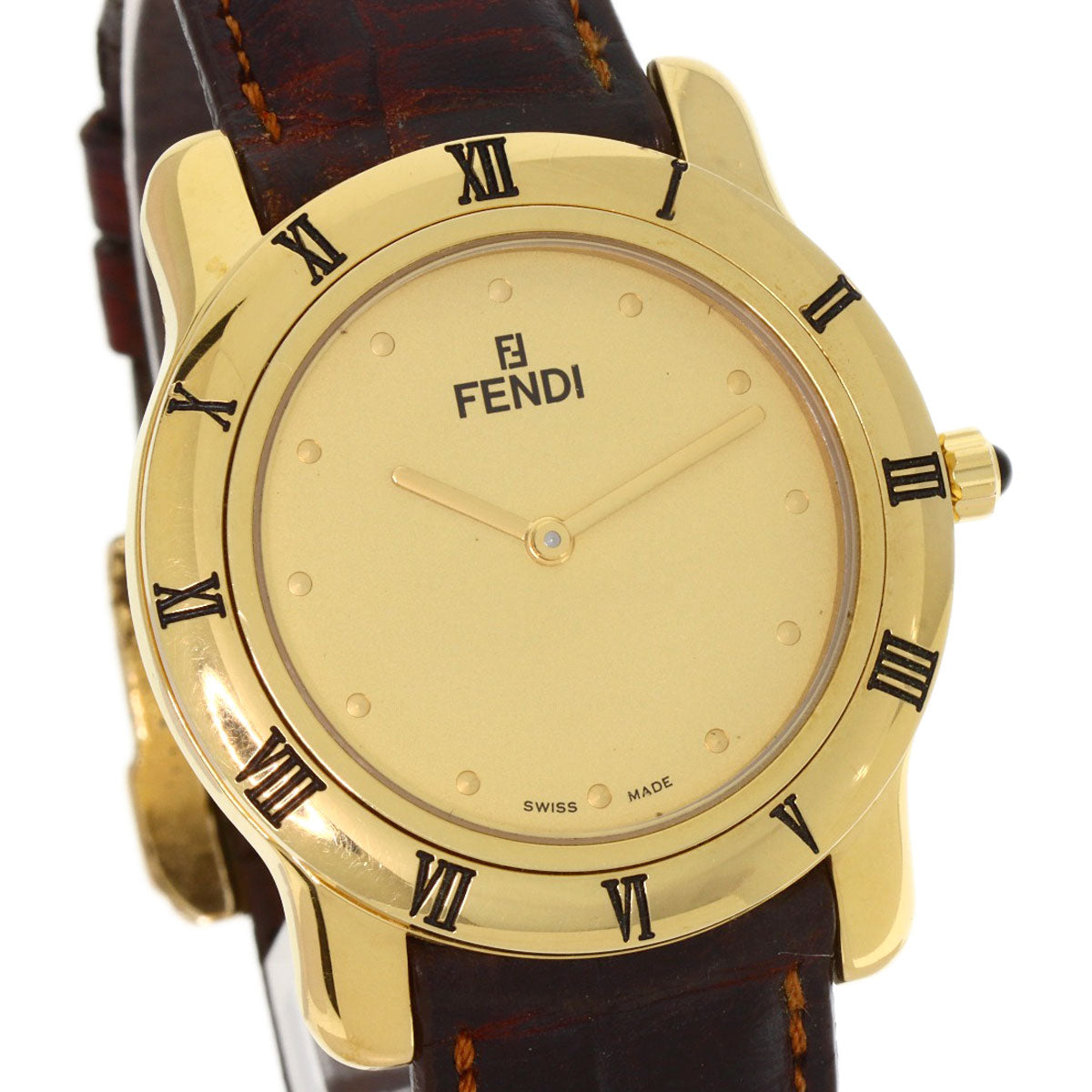 FENDI Watches Quartz 850G Gold Plated, Leather gold Round face gold dial mens