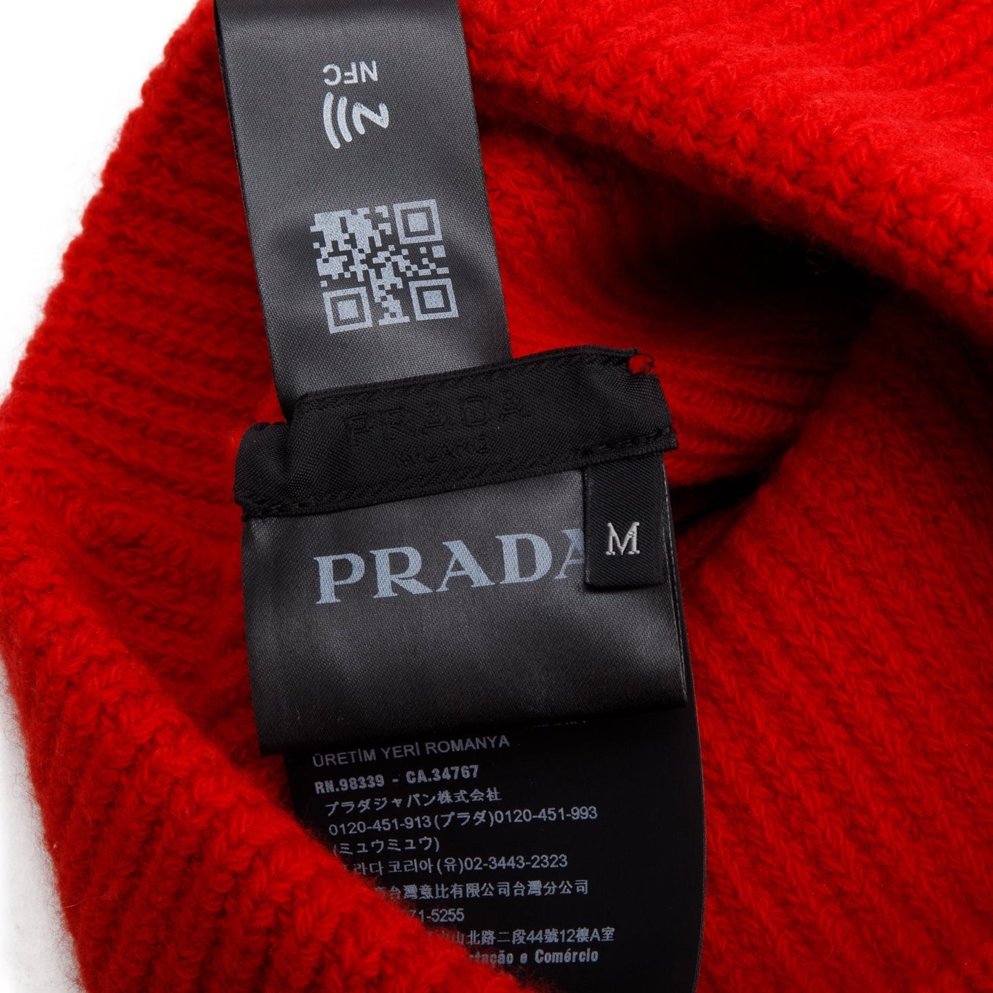 Prada Red Wool/Cashmere Metal Triangle Logo Beanie, Size M