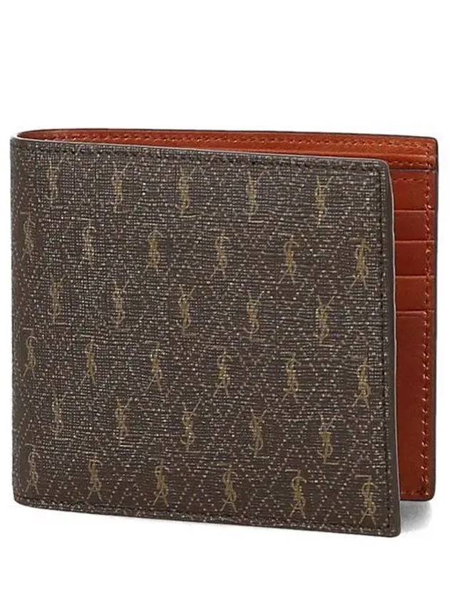 Luxury Saint Laurent Trending 2026 Men’s Monogram Canvas and Smooth Leather Half Wallet Chestnut
