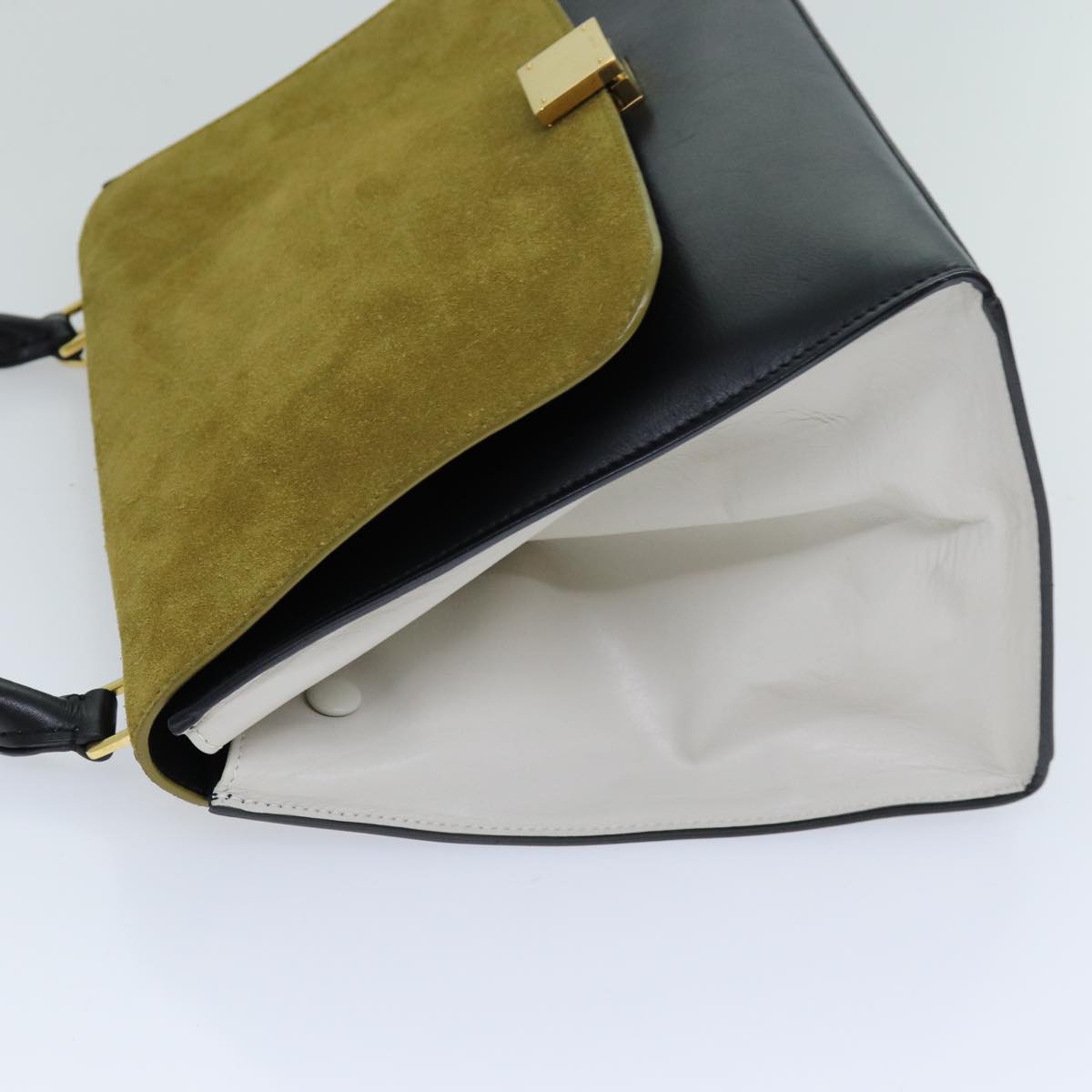 Luxury CELINE Trapeze Hand Bag Suede Leather 2way Black Khaki 76216