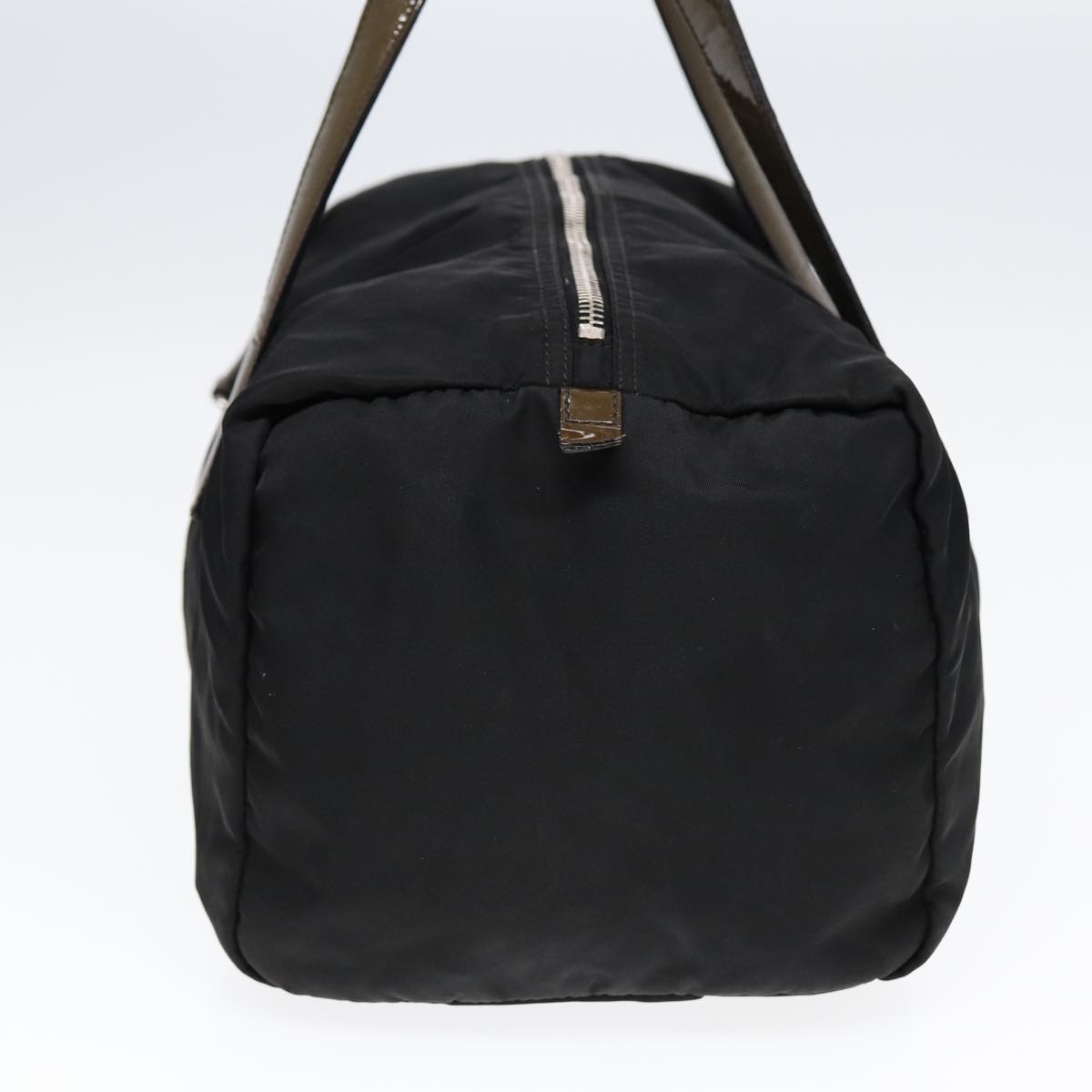 PRADA Hand Bag Nylon Enamel Black Khaki Silver Auth