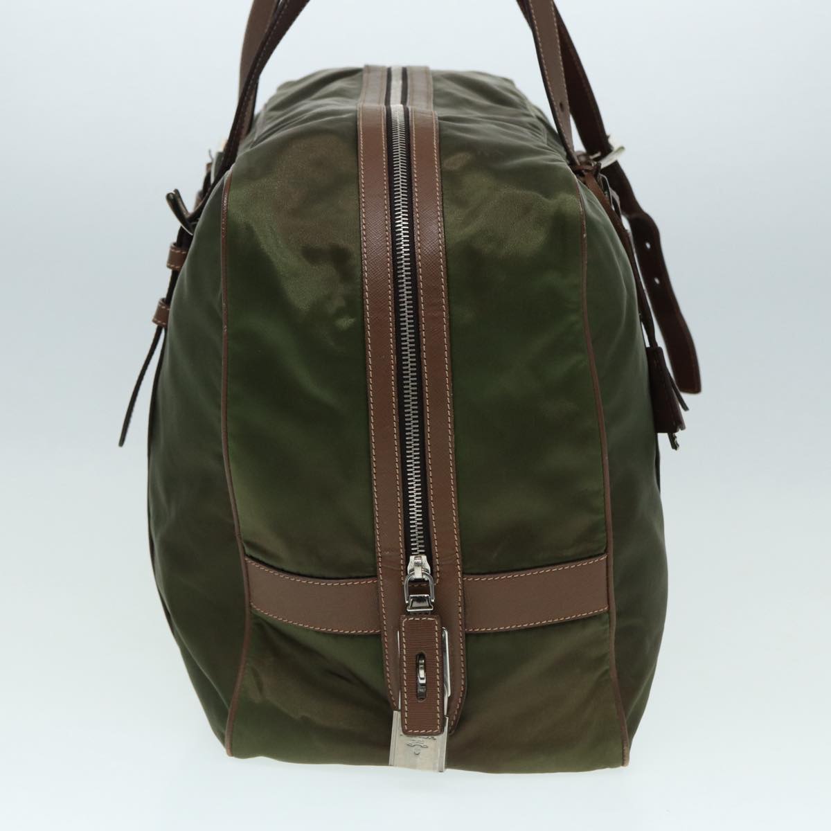 PRADA Boston Bag Nylon Khaki Silver Auth