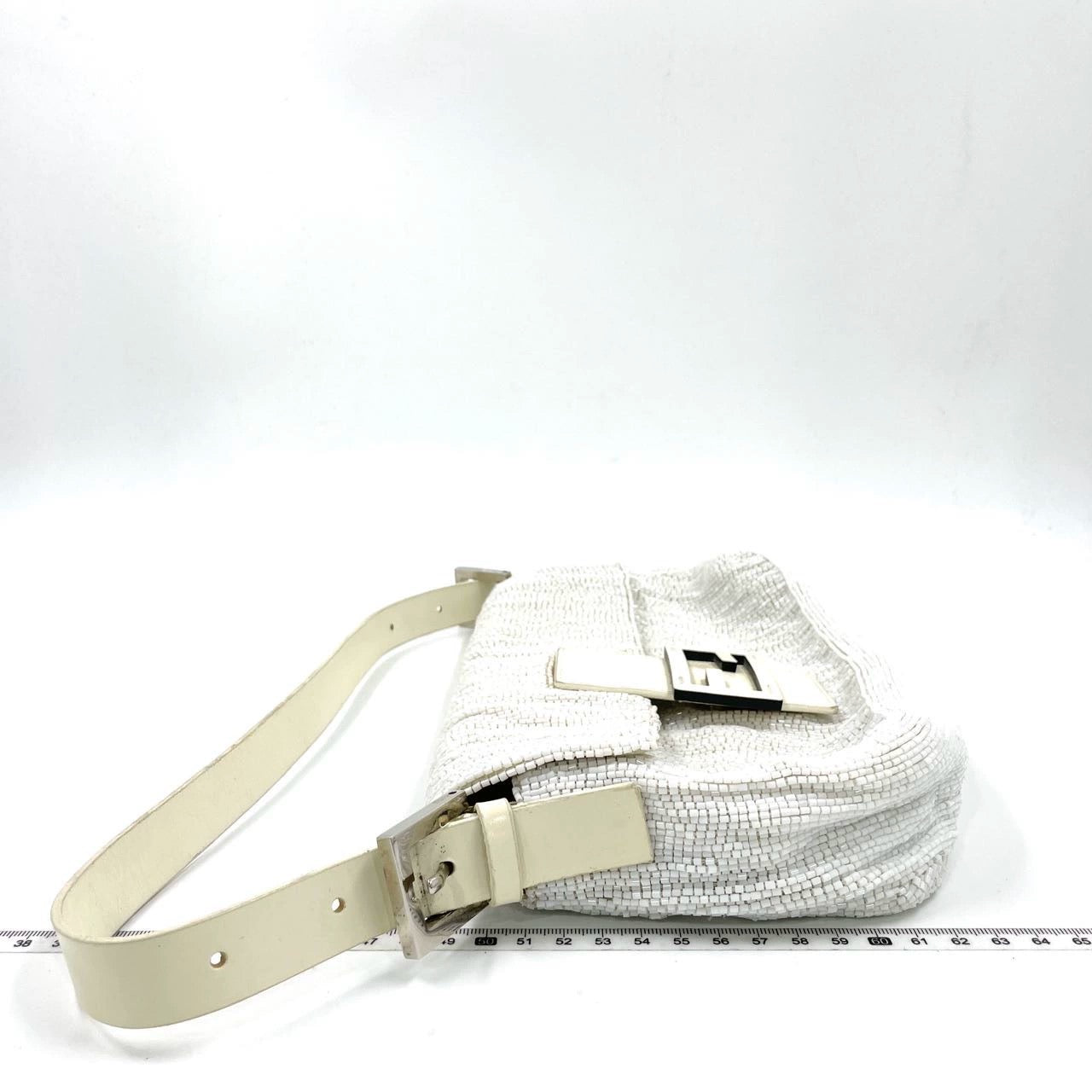 Fendi Baguette White Glitter Beads Brown Leather