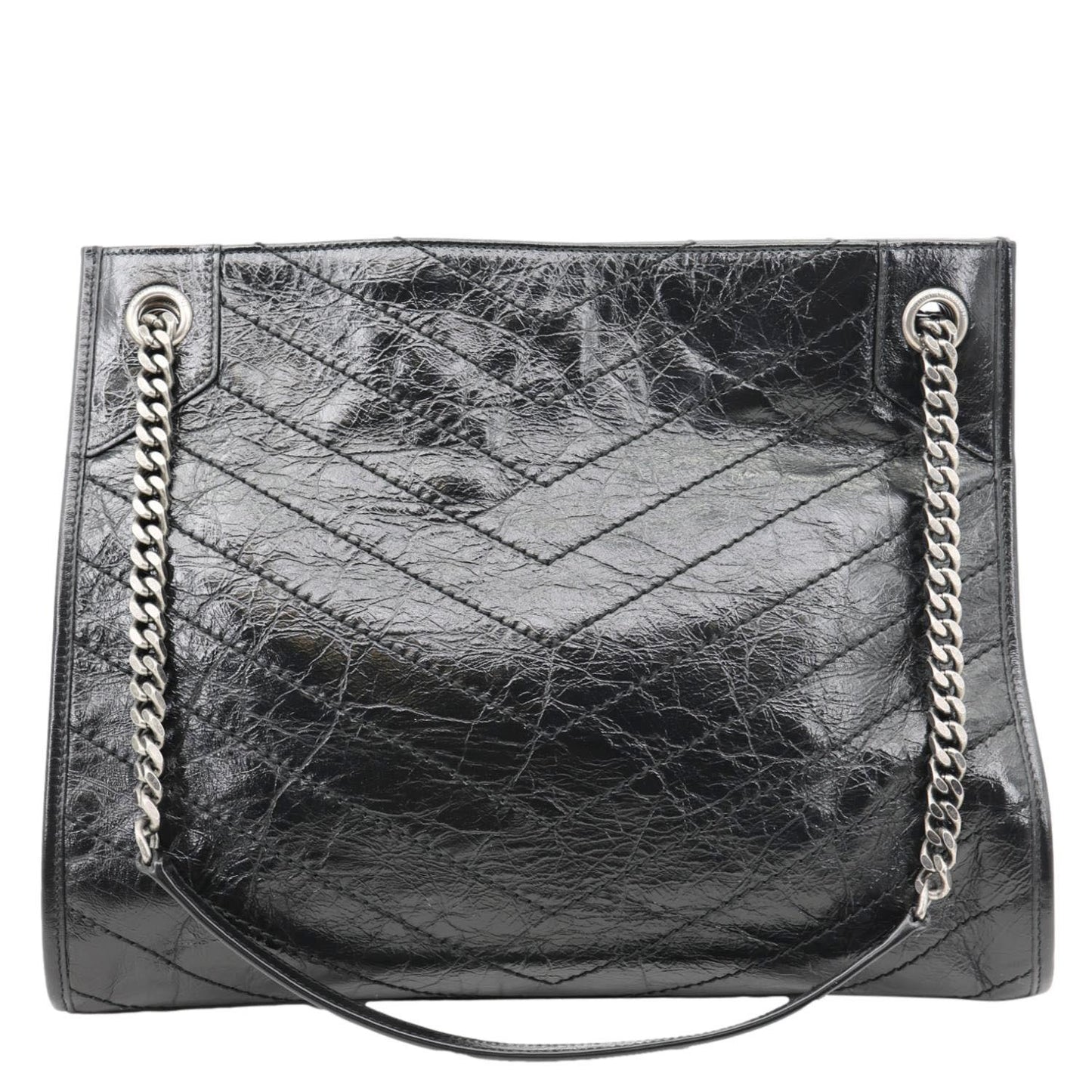 YVES SAINT LAURENT Niki Crinkle Leather Shopper Tote Bag Black