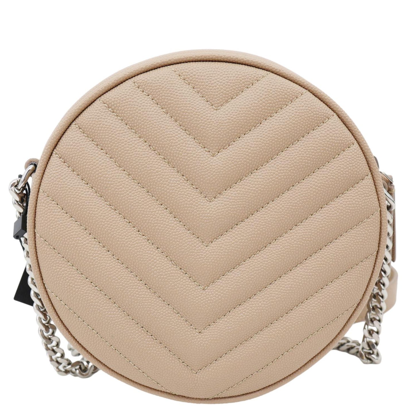 YVES SAINT LAURENT Vinyle Round Chevron Leather Camera Crossbody Bag Beige