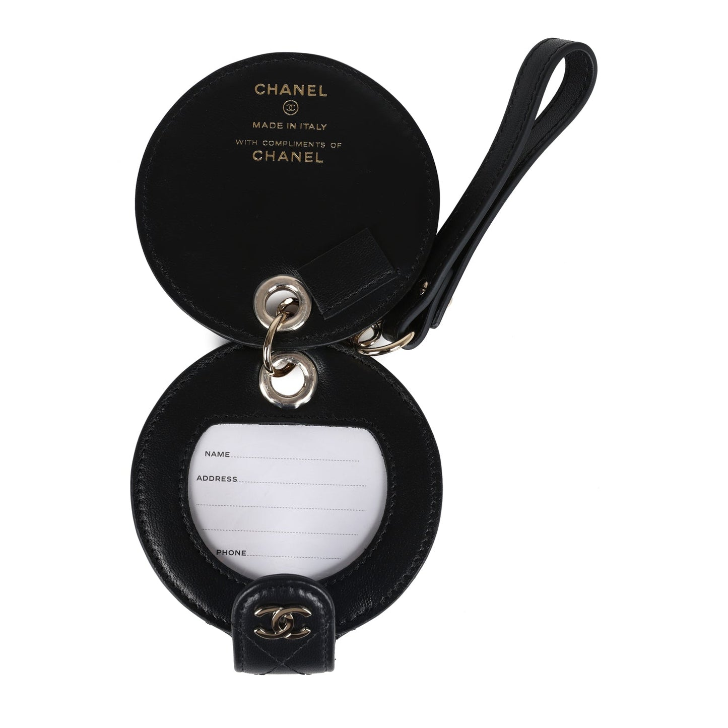 Chanel Round Luggage Tag Black Lambskin Light Gold Hardware Handbag