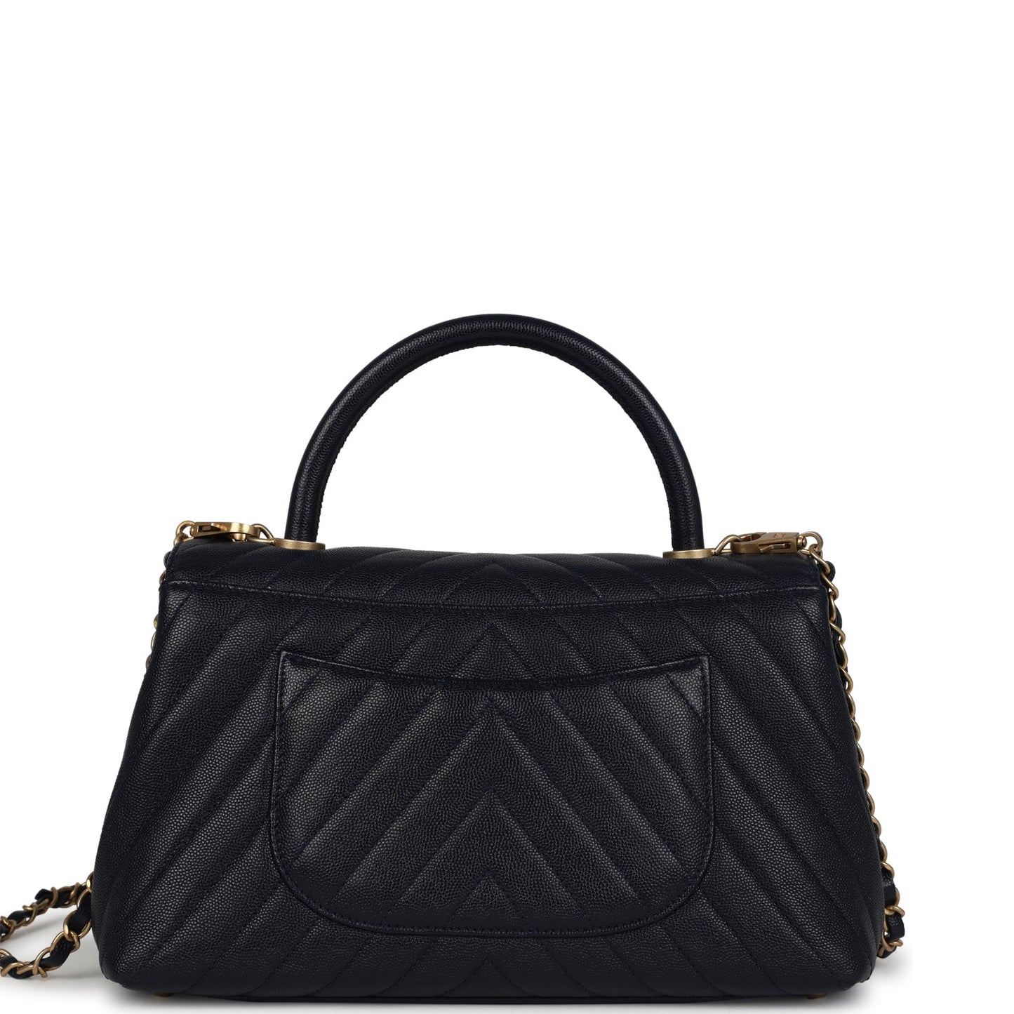 Chanel Medium Coco Top Handle Navy Blue Chevron Caviar Antique Gold Hardware Coco Handle Crossbody