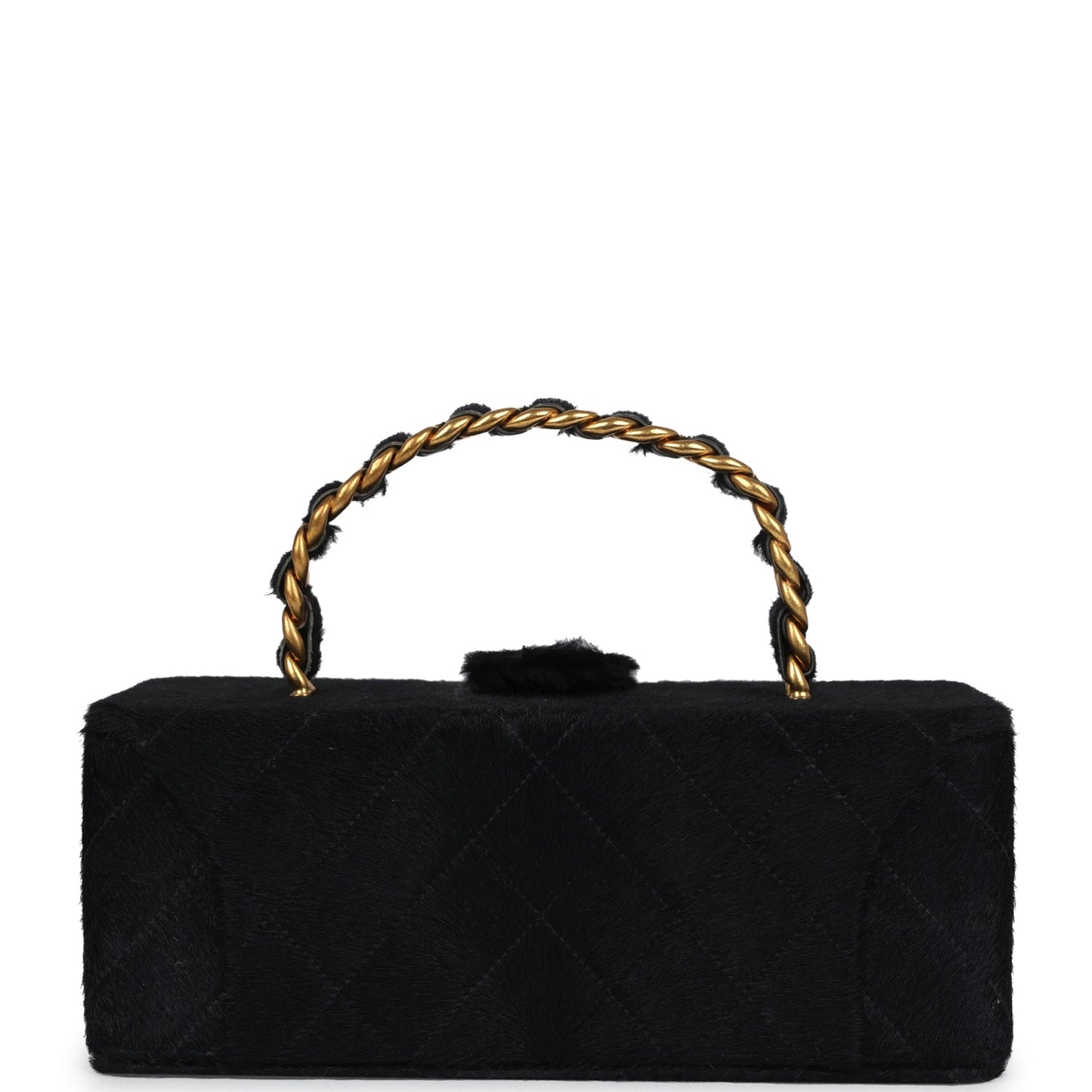 Chanel Rectangular Vanity Box Black Pony Hair Antique Gold Hardware Handbag
