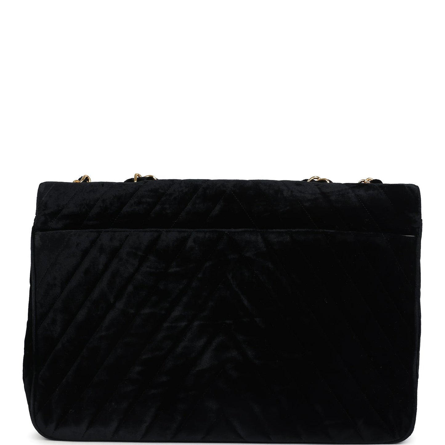 Chanel XL Classic Chevron Single Flap Bag Black Velvet Gold Hardware