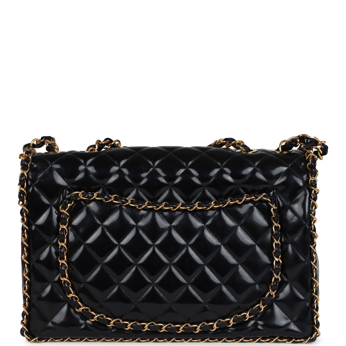 Chanel Maxi Classic Chain Around Single Flap Bag Black Patent Gold Hardware