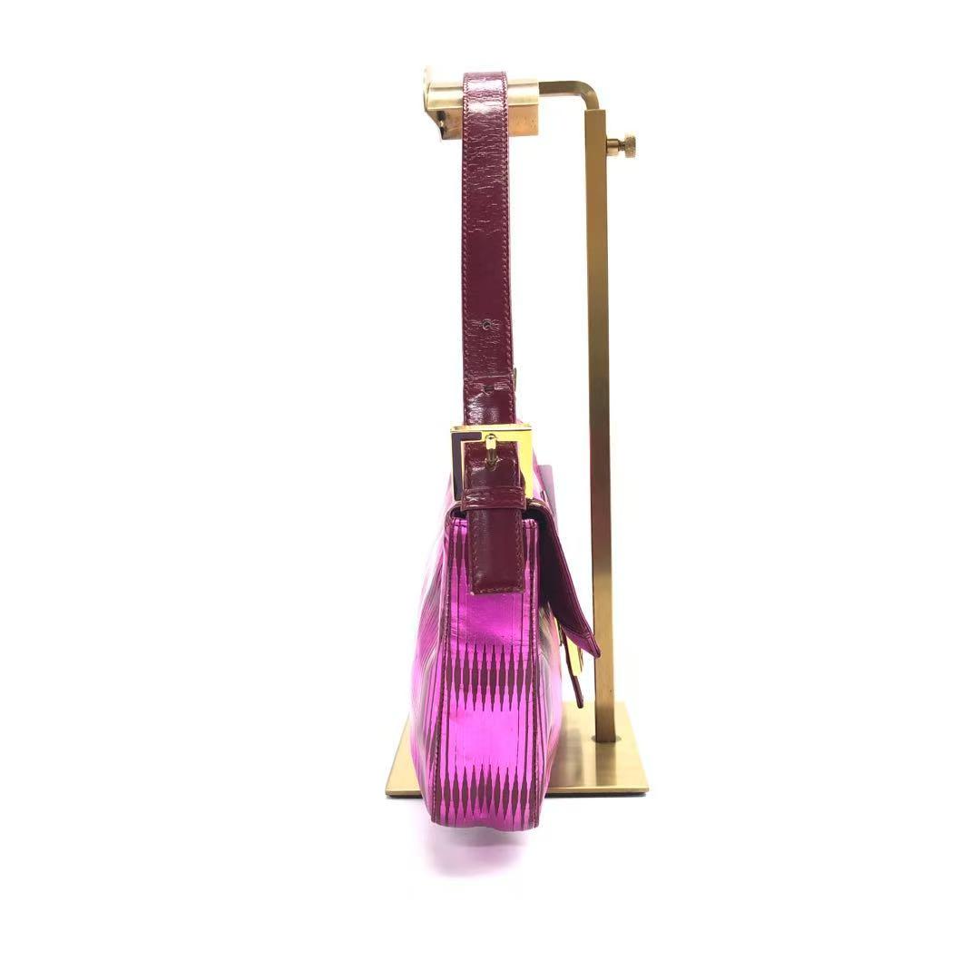 Fendi Baguette Pink Patent Leather Striped Gold Hardware Shoulder Bag
