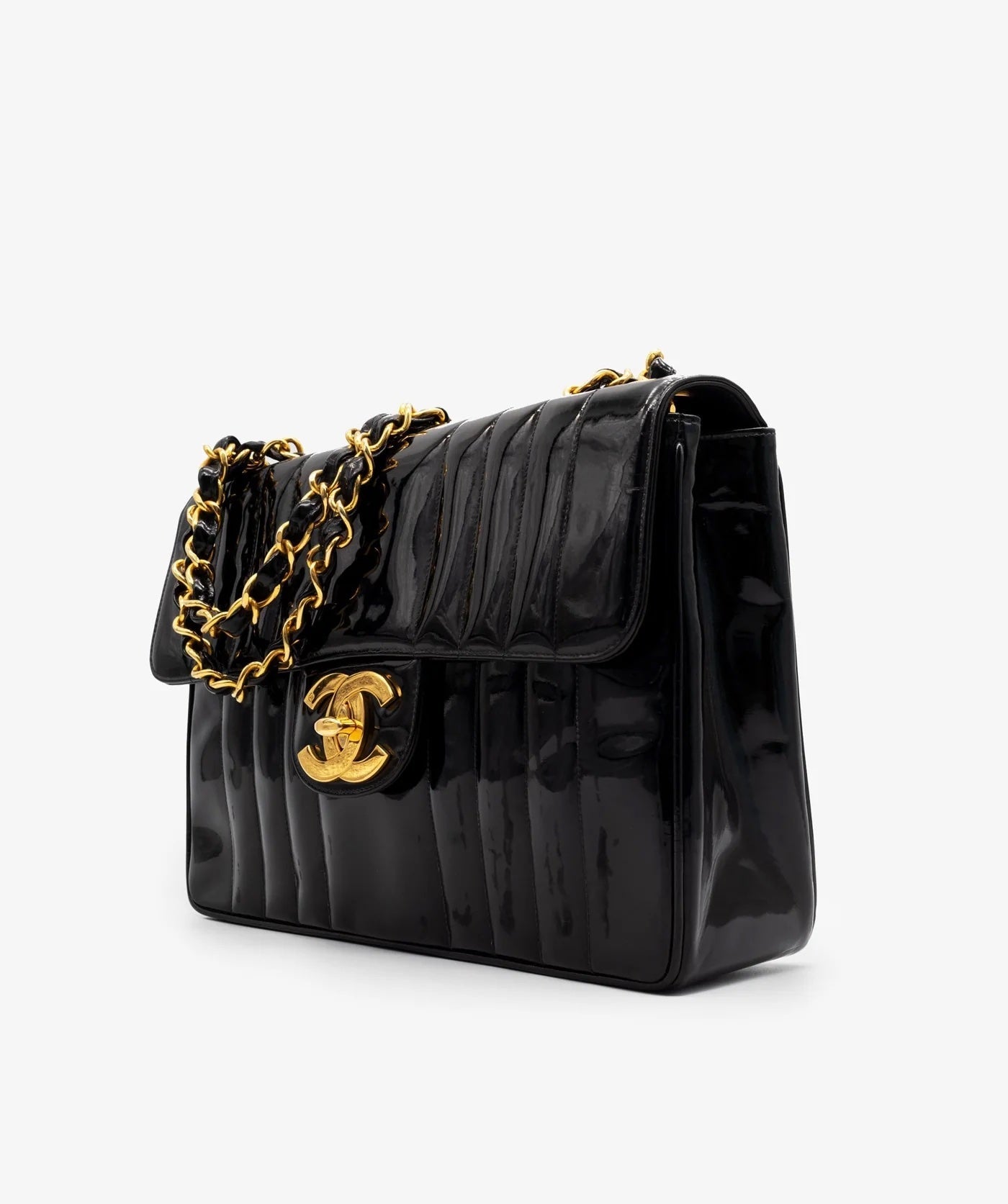 CHANEL JUMBO MADEMOISELLE VERTICAL QUILT PATENT LEATHER BAG