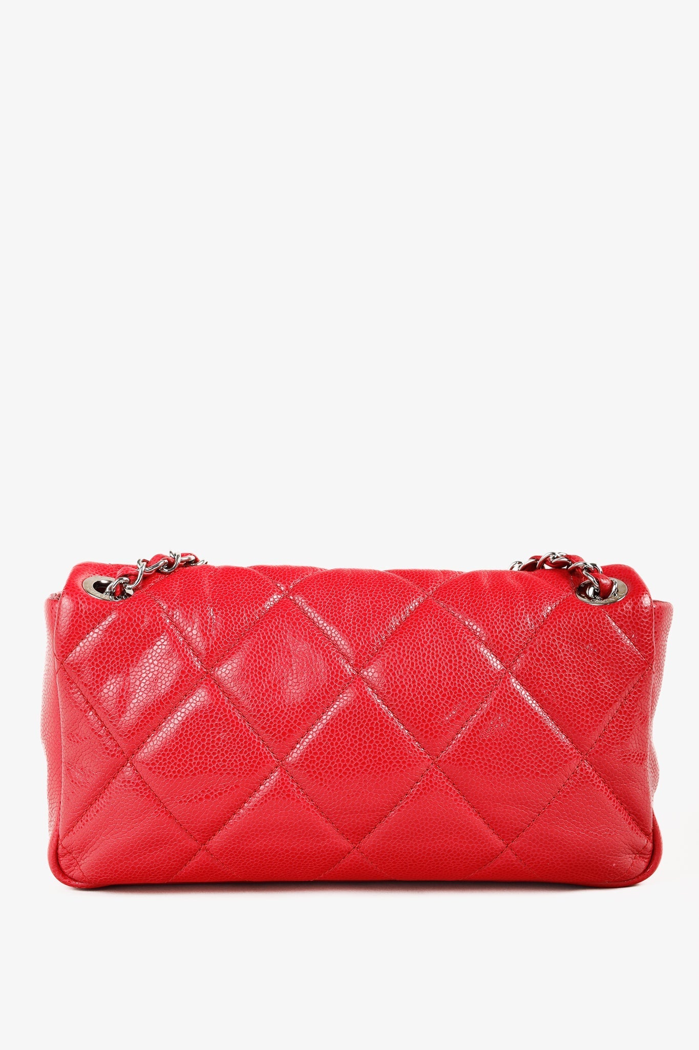 Chanel Red Quilted Glazed Caviar Leather Silver Tone CC Logo Flap Handbag