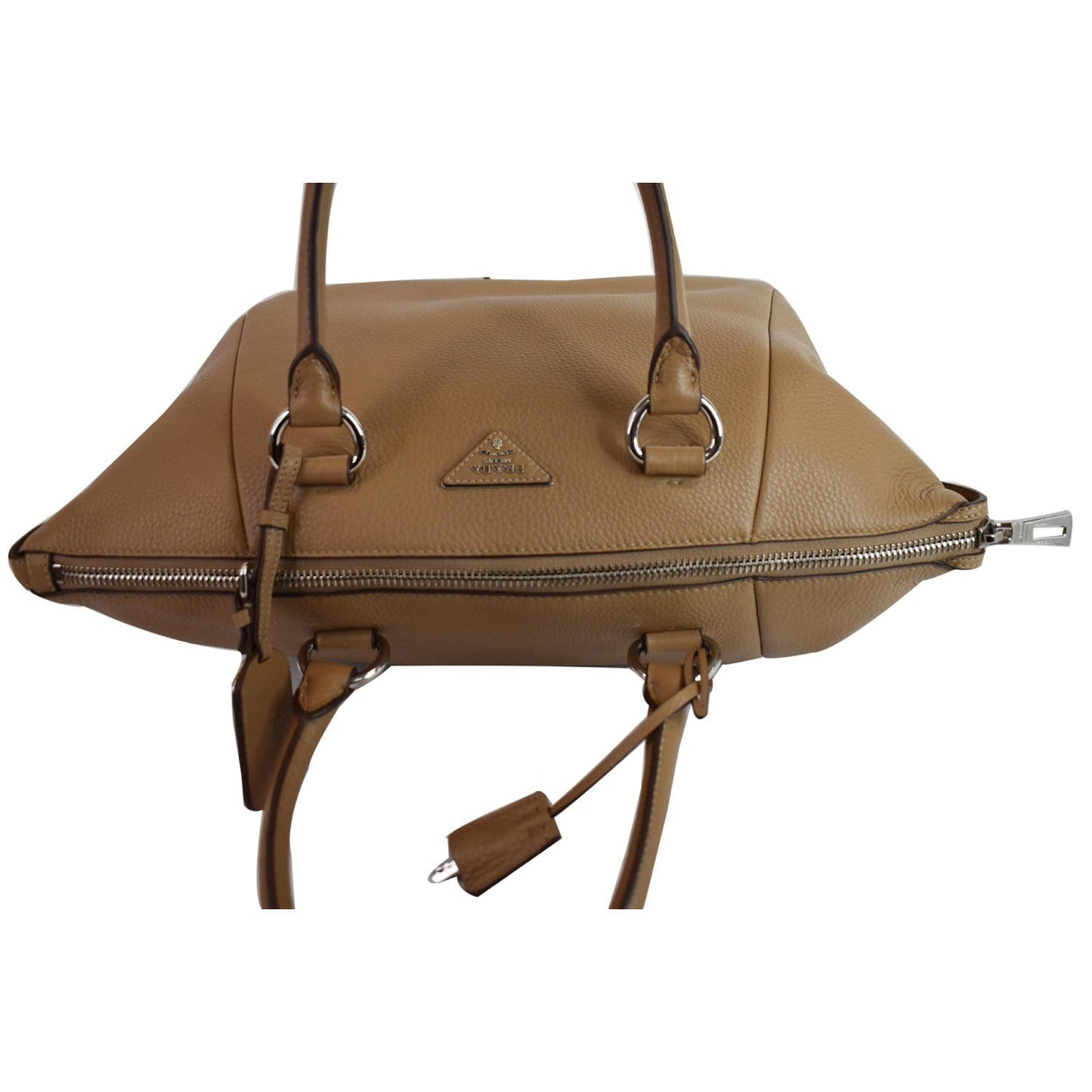 PRADA Inchiostro Vitello Daino Leather Double Handle Satchel Bag Tan