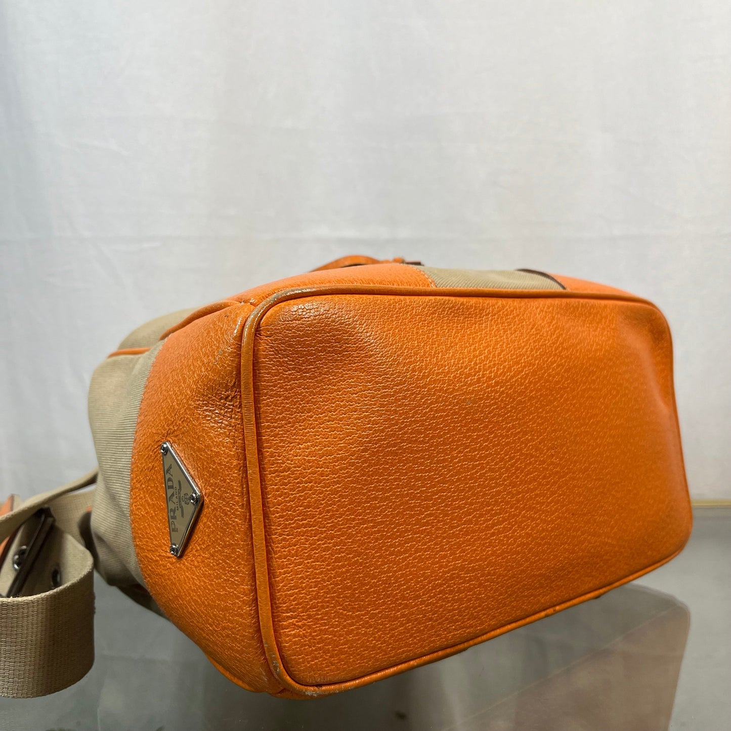Prada Leather & Canvas Drawstring Orange Bucket Bags