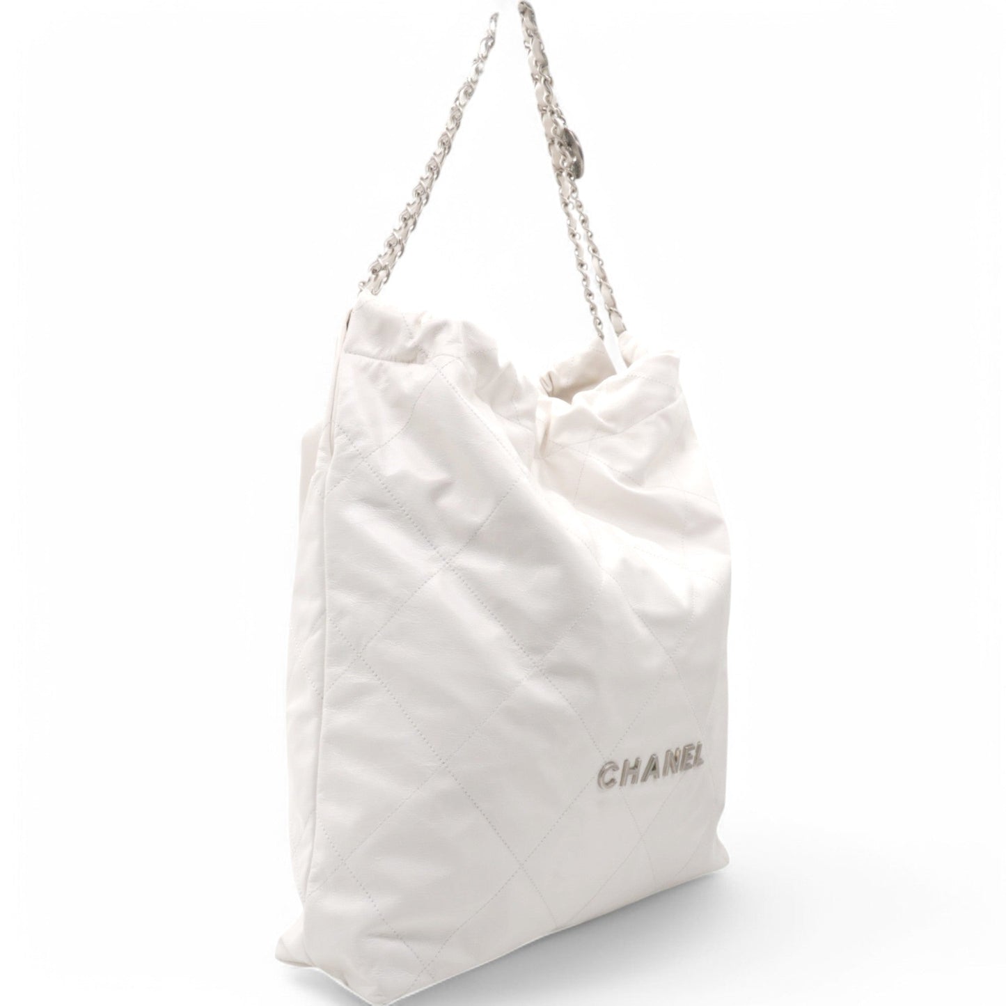Shiny Quilted Large Chanel 22 White Handbag