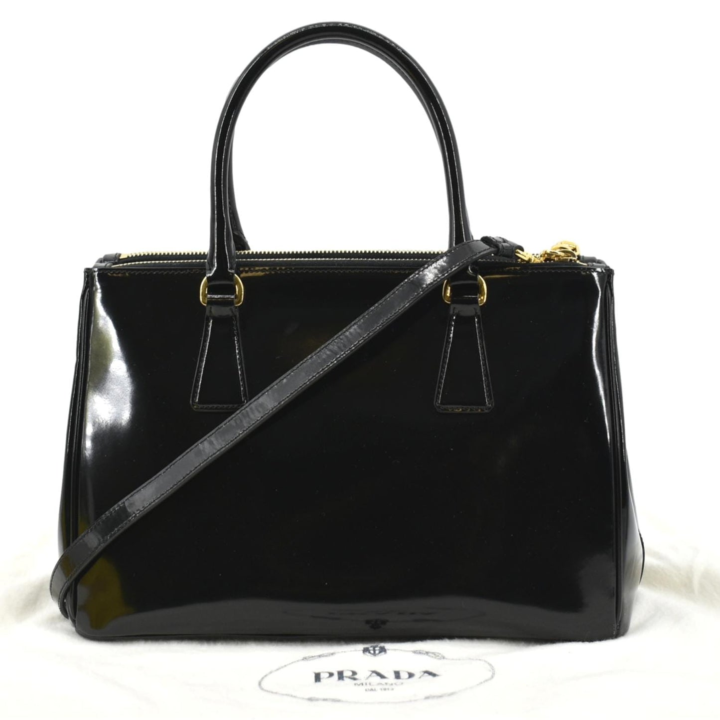 PRADA Double Zip Patent Leather Shoulder Bag Black