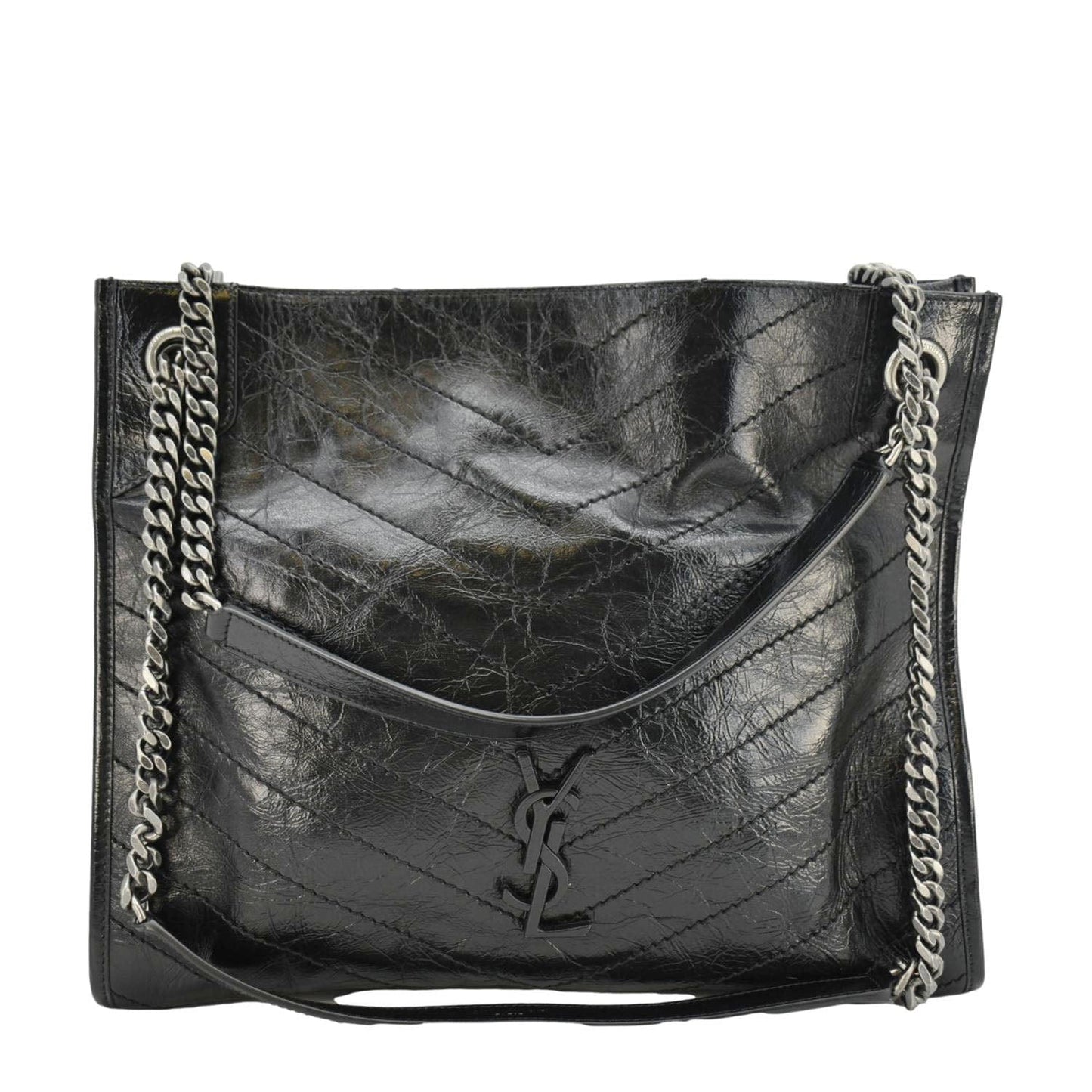 YVES SAINT LAURENT Niki Crinkle Leather Shopper Tote Bag Black