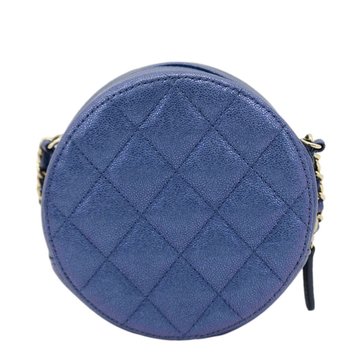 Chanel Round Clutch with Chain Mini Quilted Iridescent Caviar Leather Crossbody Bag Shiny Blue