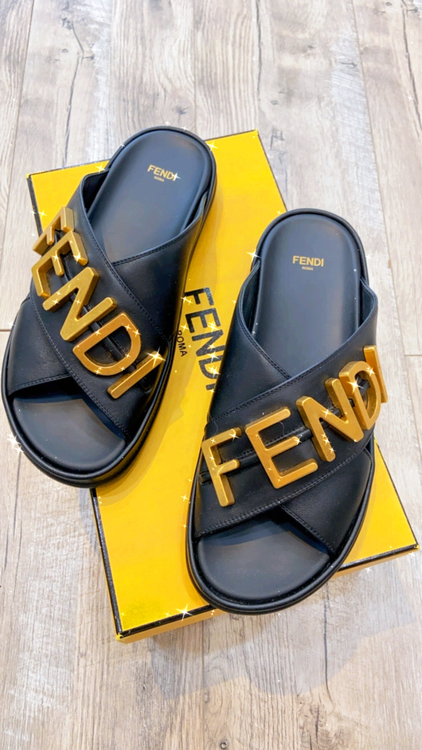 FENDI CALFSKIN LEATHER FENDIGRAPHY SLIDES