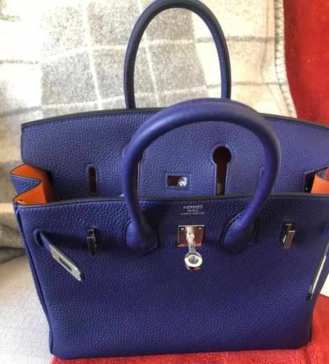 HermesBirkin 30 Bleu Encre Verso Orange Togo Palladium Hardware