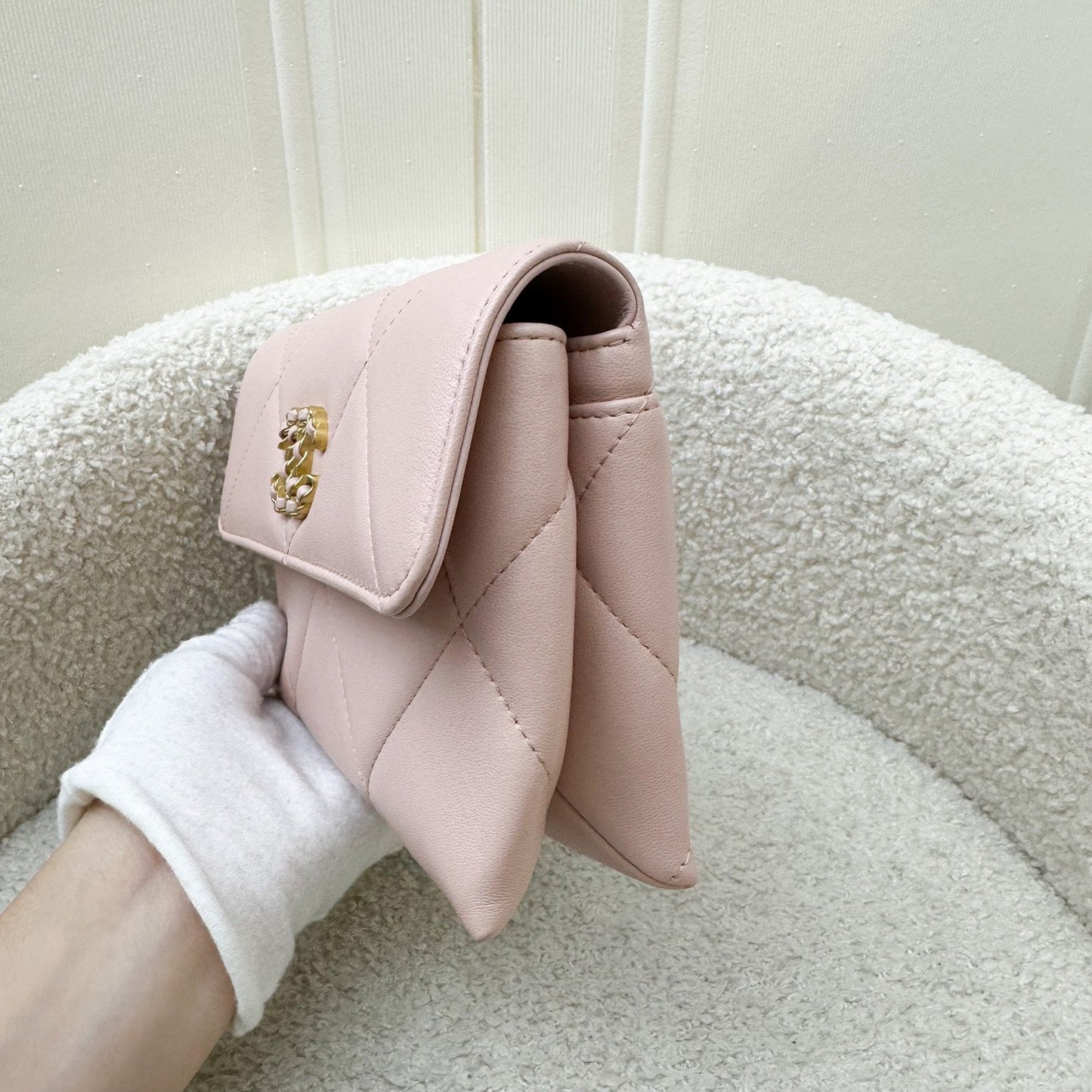 Chanel 19 Wristlet / Clutch in Pink Lambskin and 3-tone HW