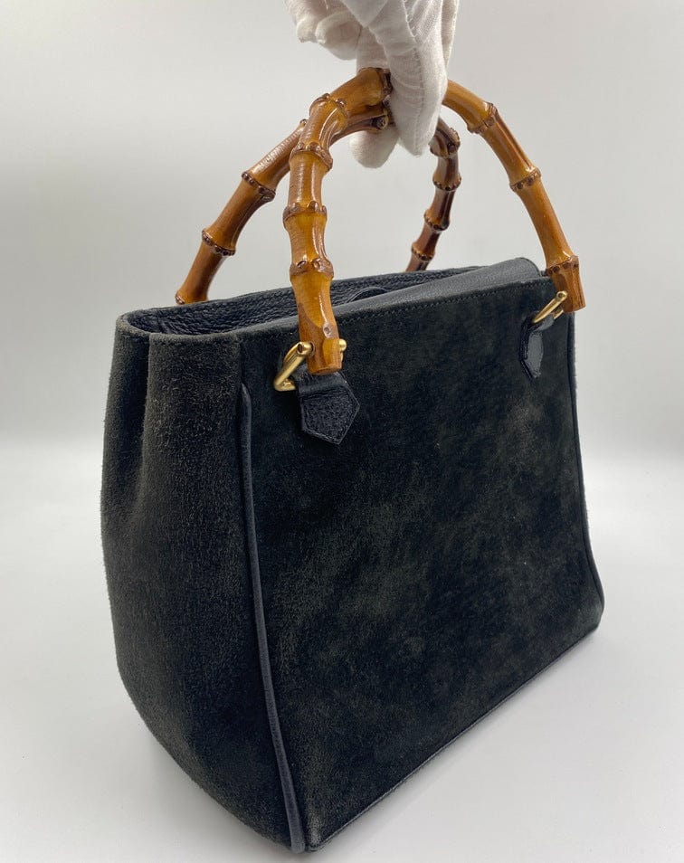 Gucci Bamboo Black Leather Suede Tote Style 2