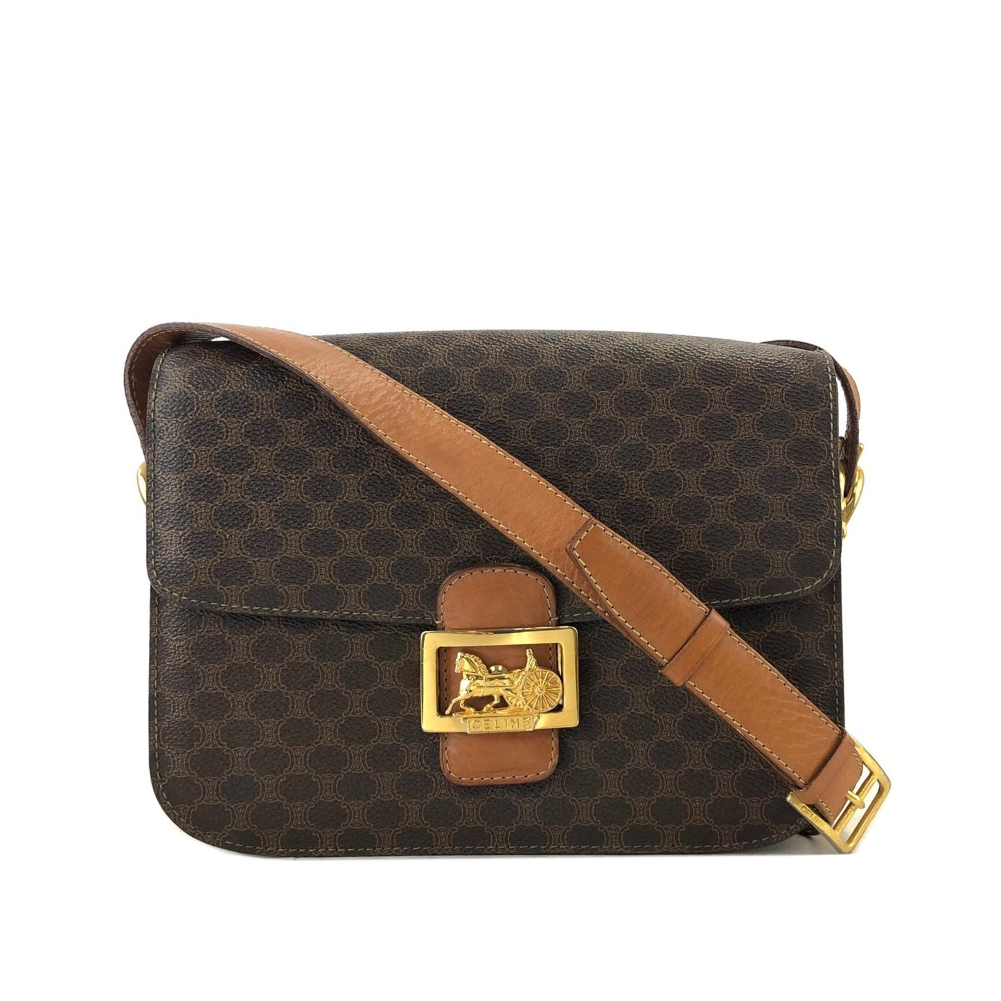 CELINE Macadam Horse carriage Leather crossbody Shoulder bag Brown Old Celine 6pg6byー