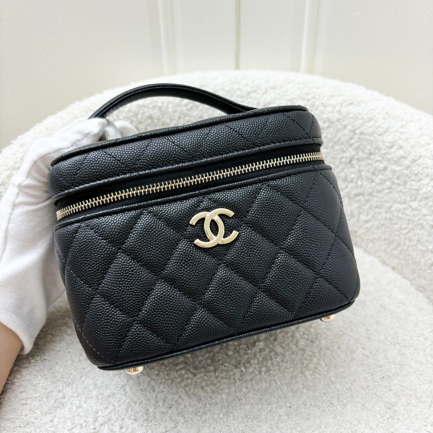 Chanel 22S Top Handle Vanity Case with Chain in Black Caviar LGHW Handbag