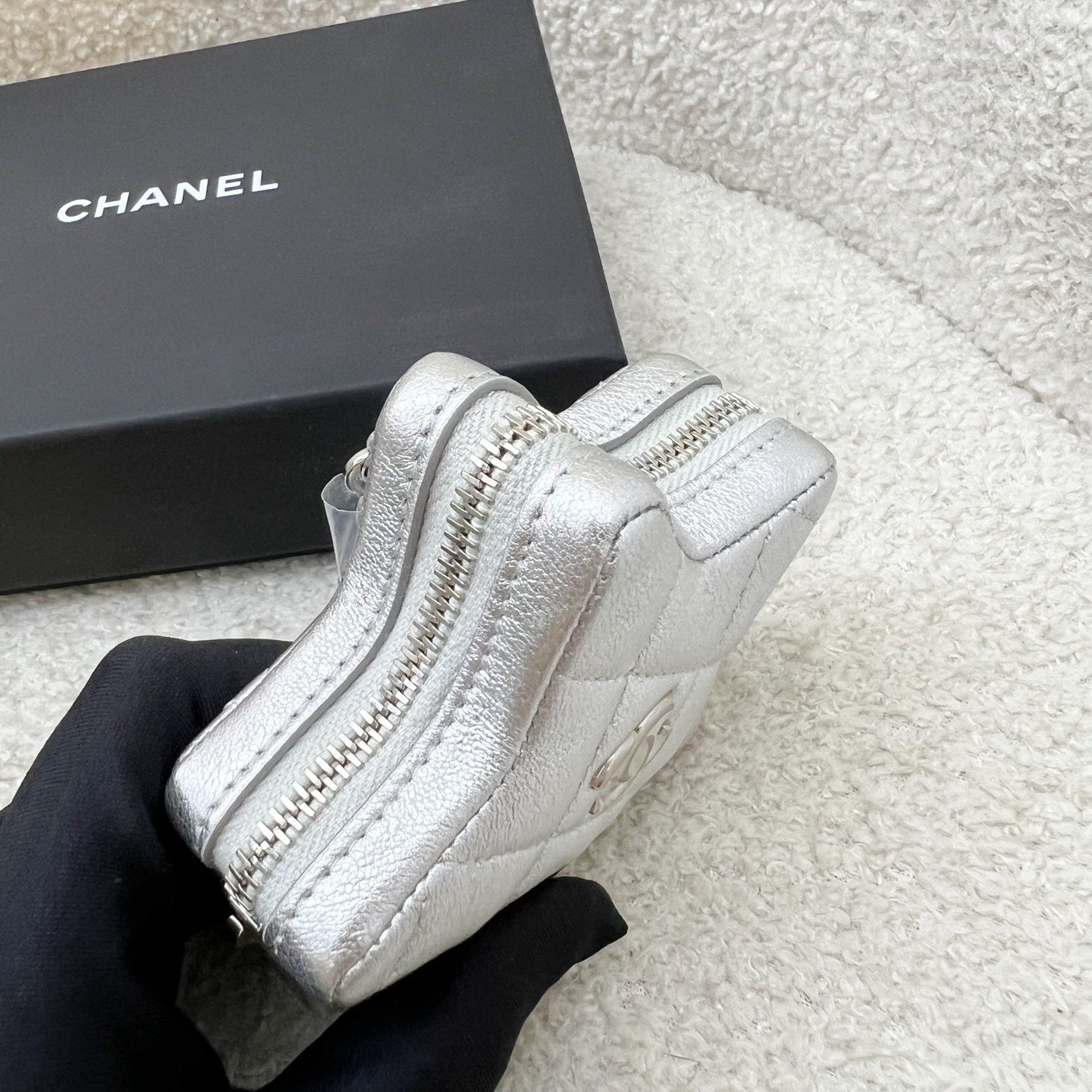 Chanel VIP Gift 24C Star Pouch Charm in Iridescent Silver Lambskin and SHW Clutch