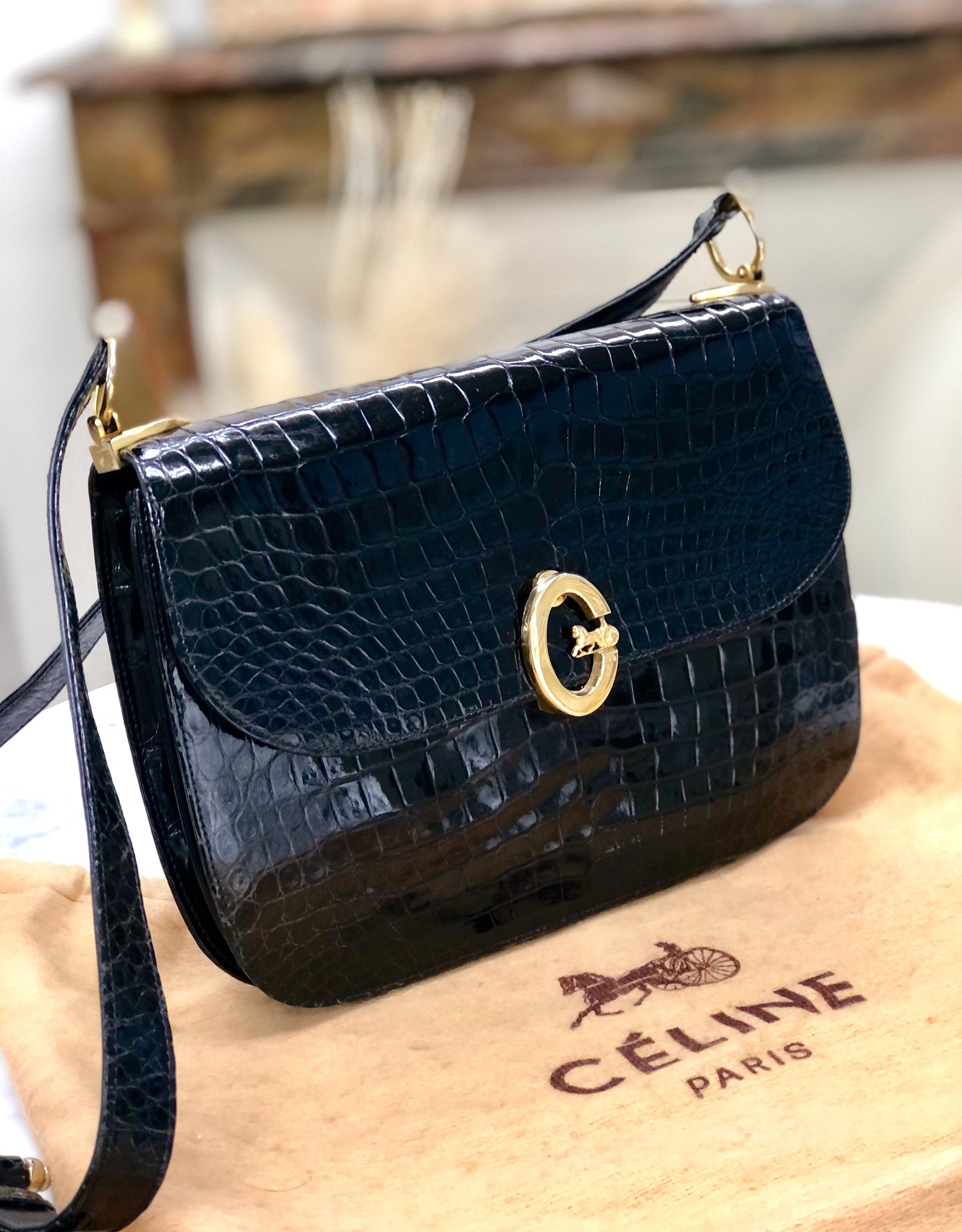 CELINE C logo Horse carriage Crocodile embossed leather Shoulder bag Black Old CELINE 6tmne2