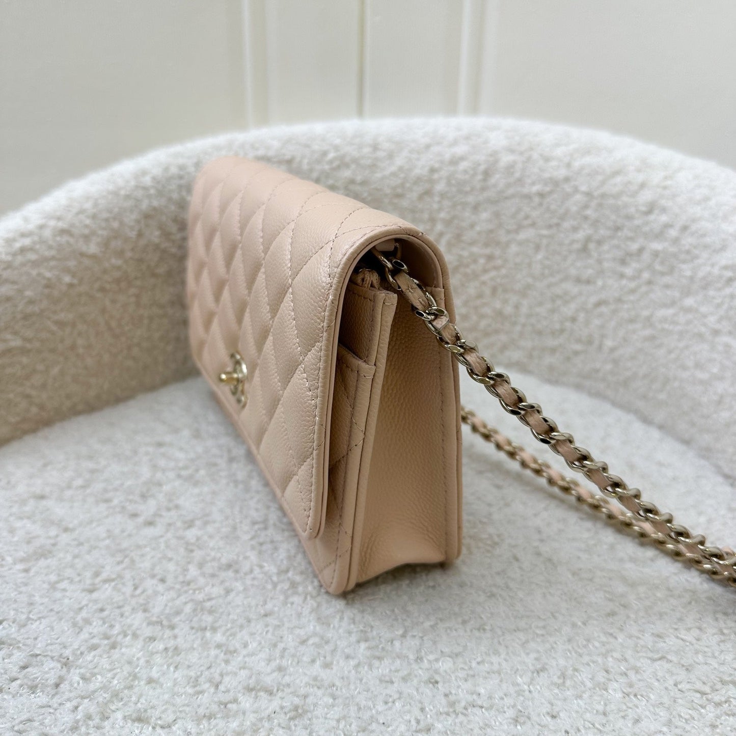 Chanel 23S Ribbon Chain Wallet on Chain WOC in Beige Caviar LGHW Crossbody