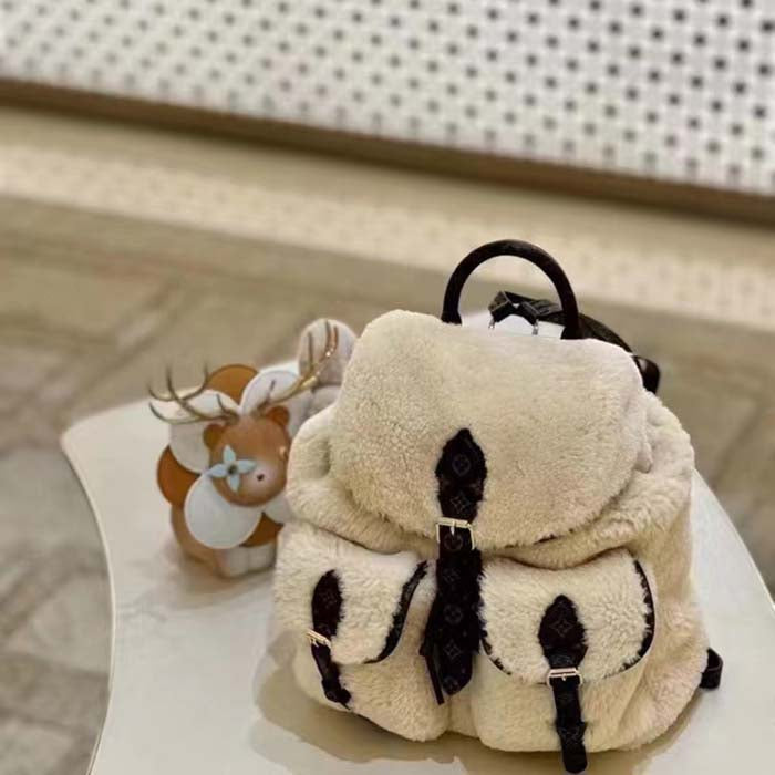 Louis Vuitton LV Unisex Backpack Cream Brown Shearling Monogram-Canvas Textile Lining