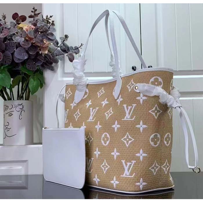 Louis Vuitton LV Unisex Neverfull MM Beige Lotus Cotton Cowhide Leather Tote